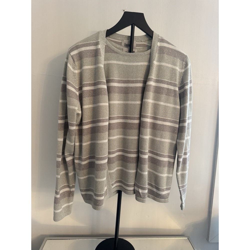 Imagio Metallic Twinset L Shimmer Stripe Cardigan‎ & Tank Holiday Party Sparkle